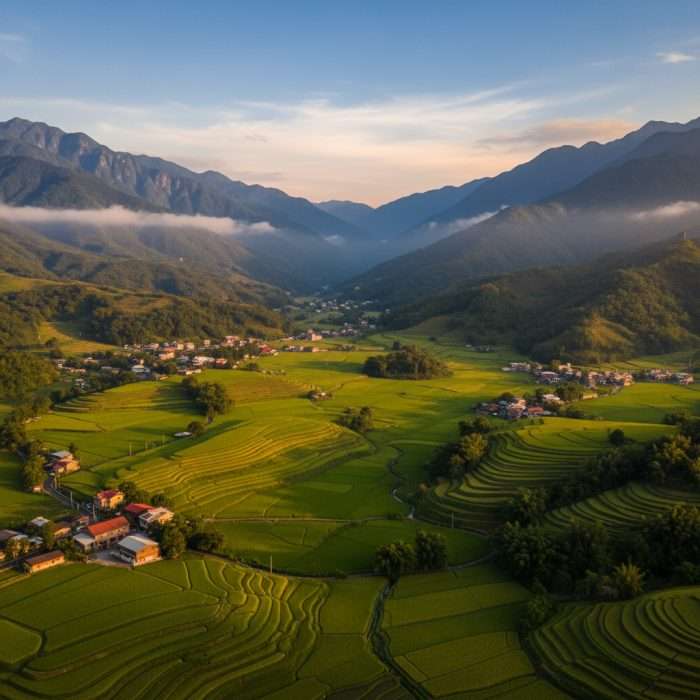 花蓮富里鄉空拍美景，綠色稻田與山脈